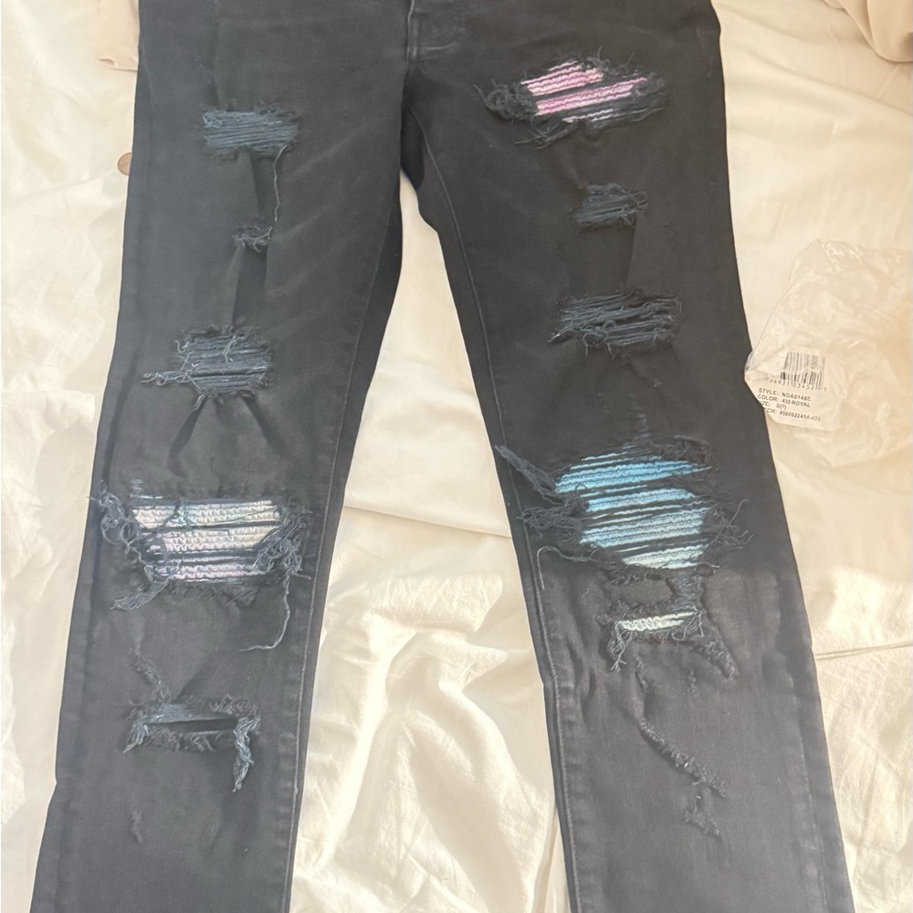 AMIRI Black Straight Leg Jeans with Colorful Distressed Accents